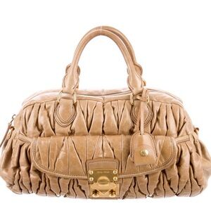Miu Miu Tan Leather Satchel with Gathered Detailing
